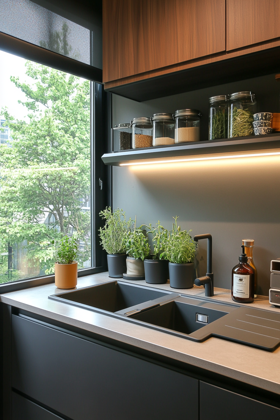 Minimalist small kitchen window with herbs and decorative shelf