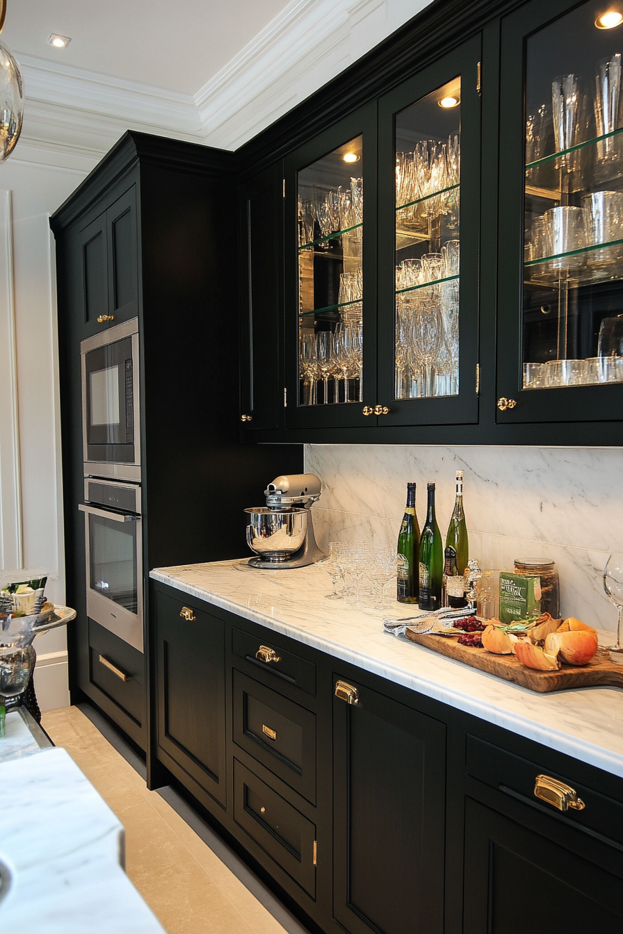 Luxurious small kitchen with marble and brass finishes