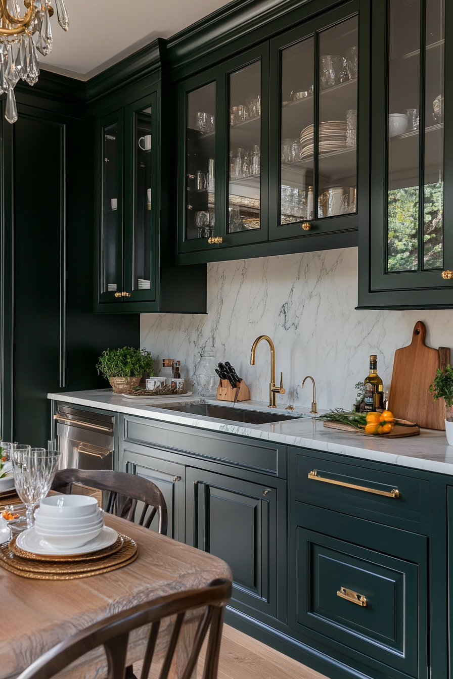 Luxury small kitchen with chandelier and mirrored backsplash