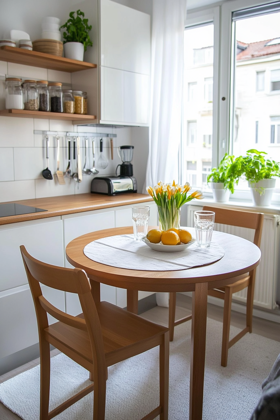 Small kitchen table with drop-leaf design and slim chairs