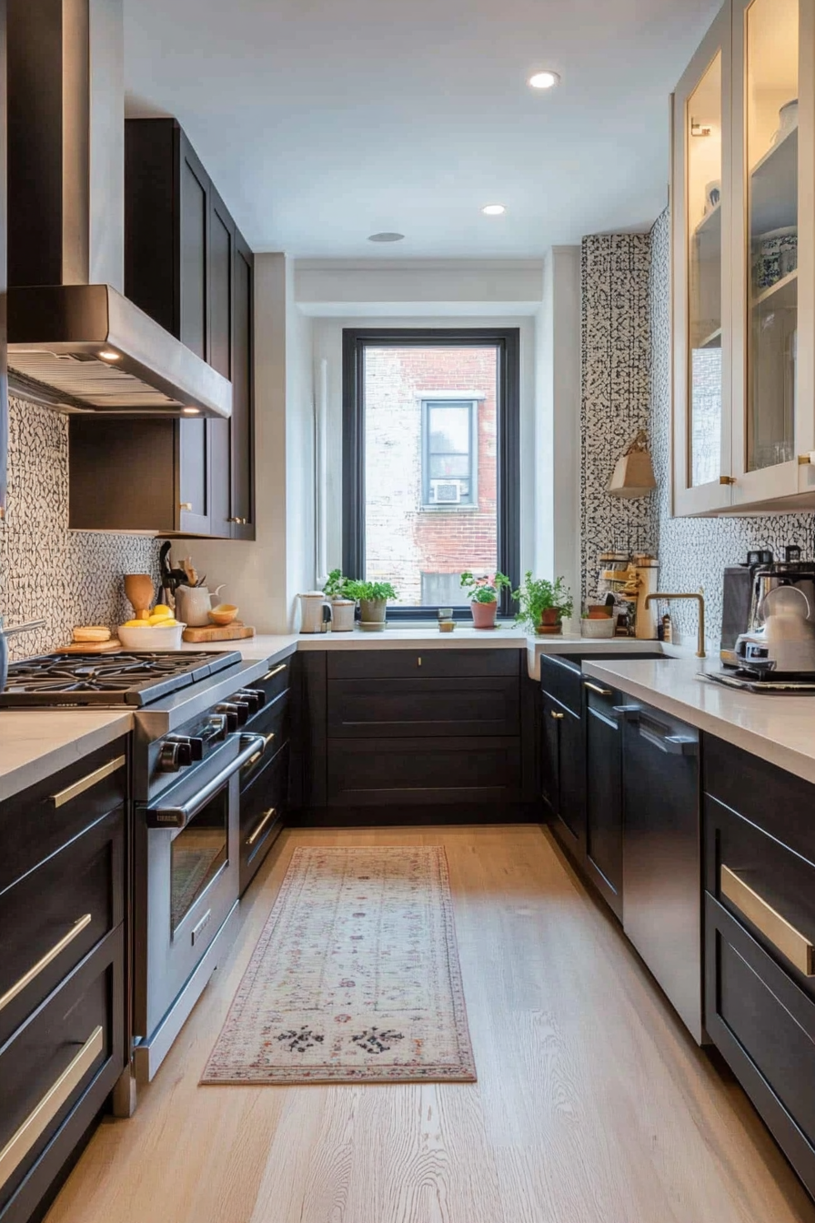 Modern small kitchen cabinetry with glass doors and sleek design