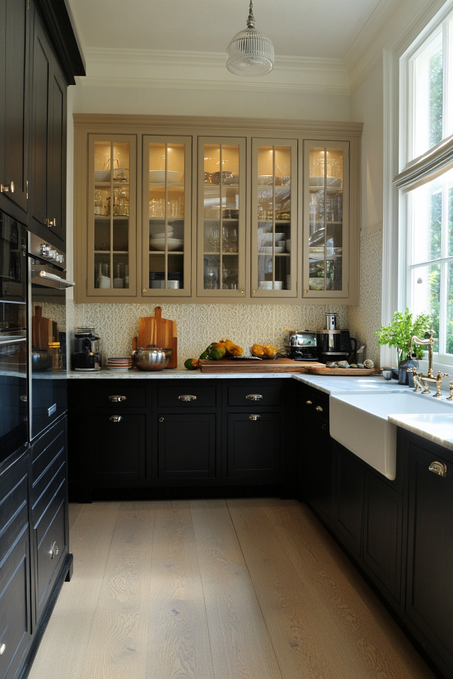 Two-tone small kitchen cabinetry with interior patterning