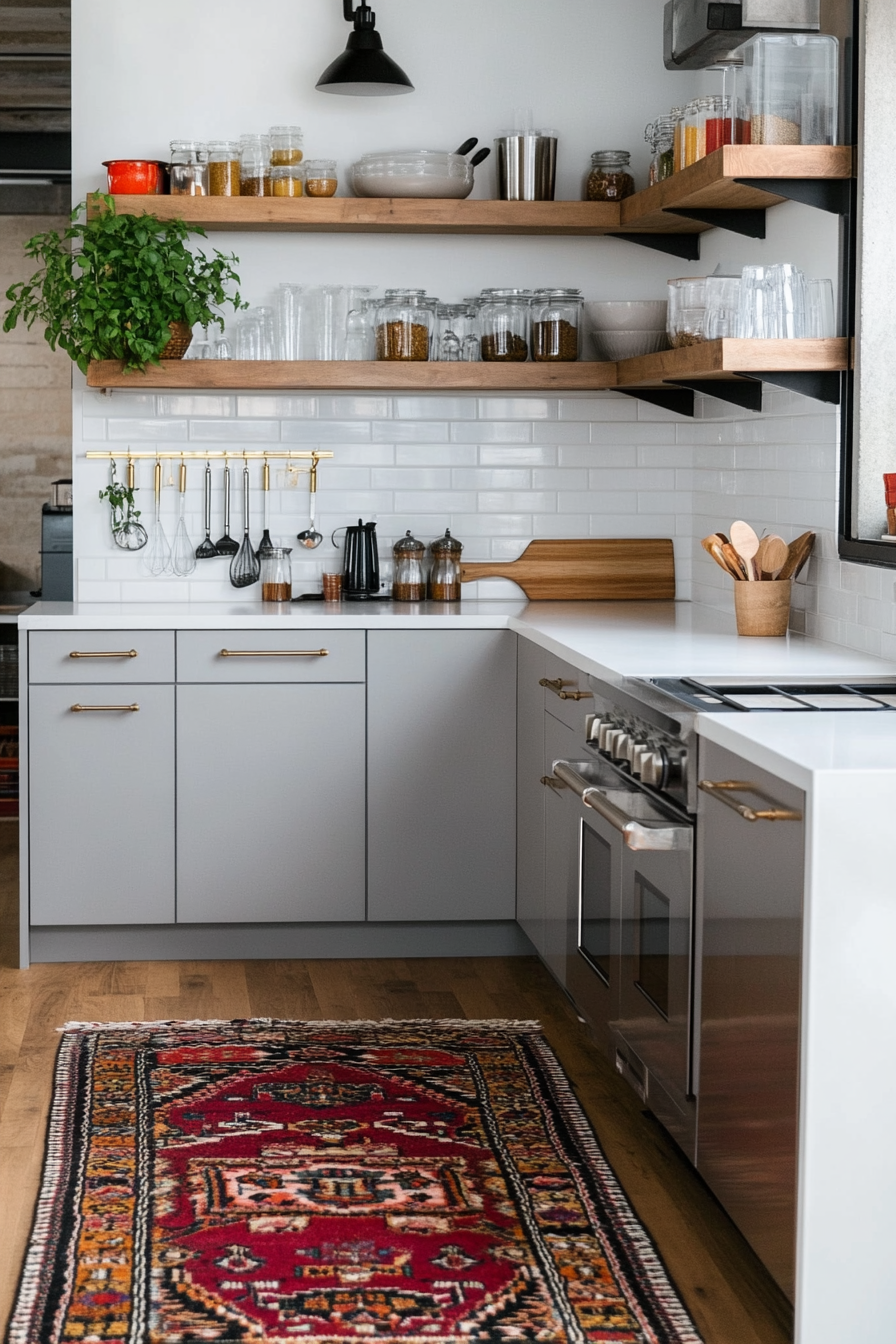 Light gray small kitchen with wood and metallic accents
