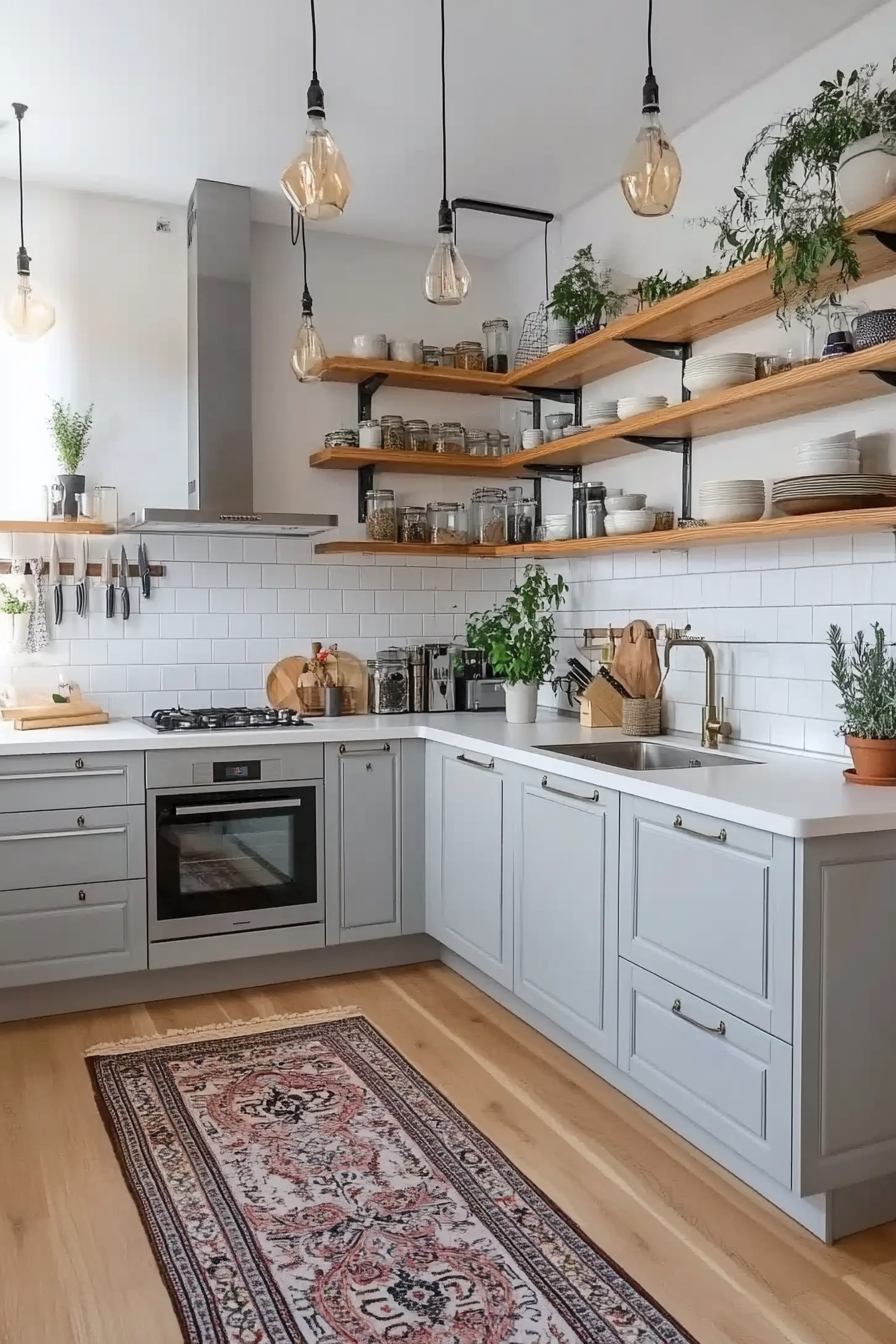 Gray small kitchen with matte finishes and a vibrant rug