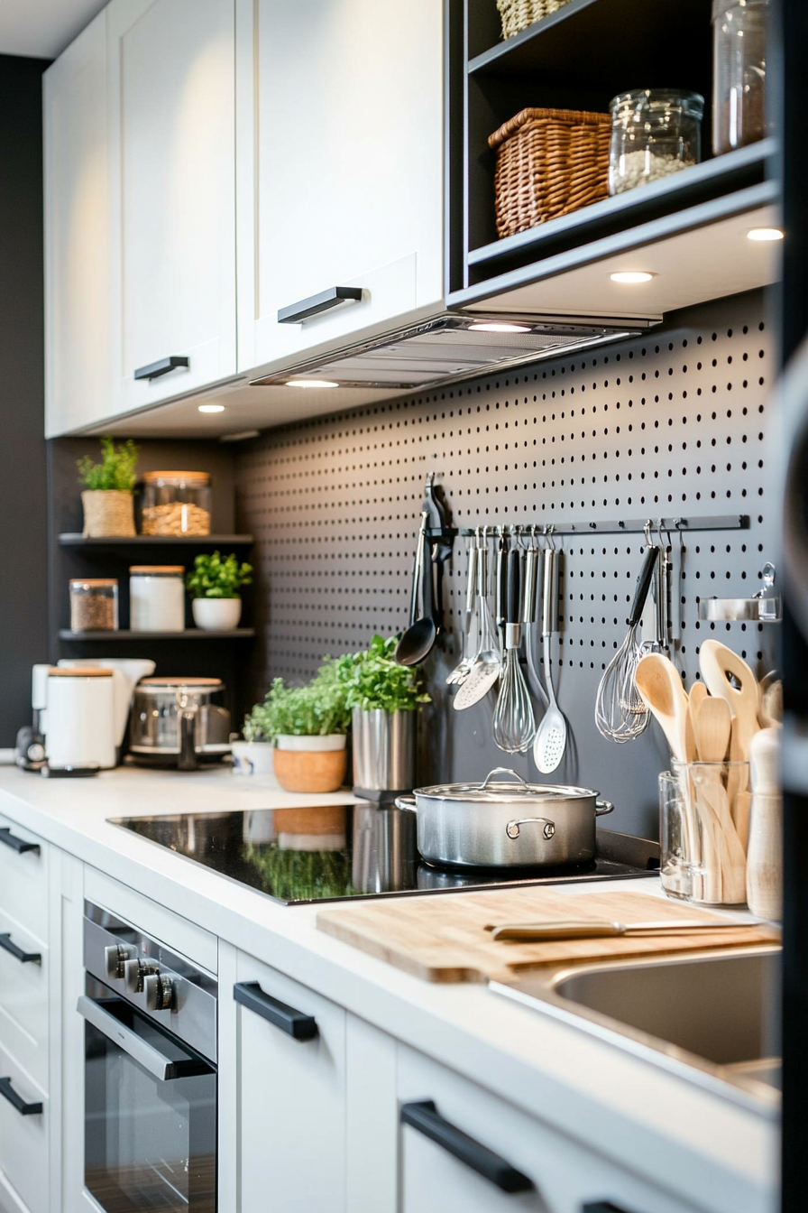 Small kitchen with pull-out pantry and magnetic racks