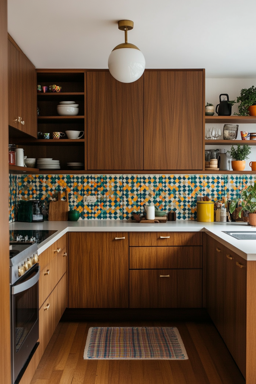 Mid-century modern small kitchen with sleek lines and retro lighting