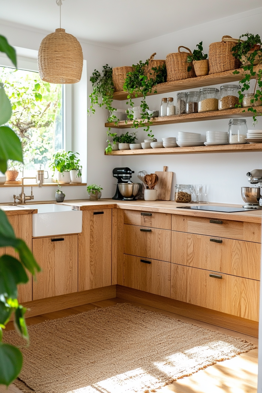 Organic small kitchen with light wood and natural materials