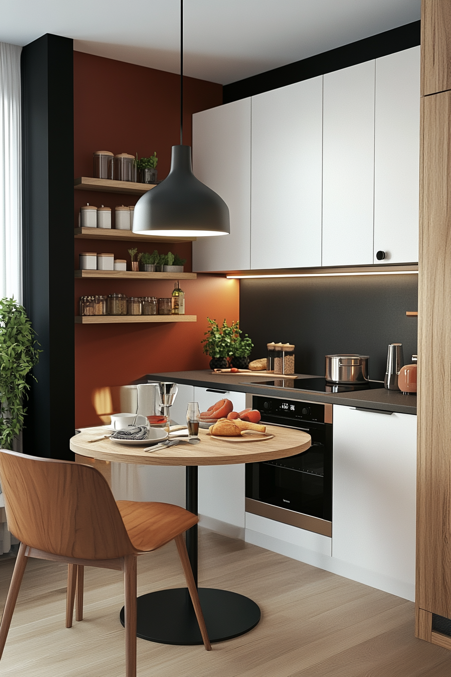 Apartment-friendly small kitchen with drop-leaf table and storage solutions