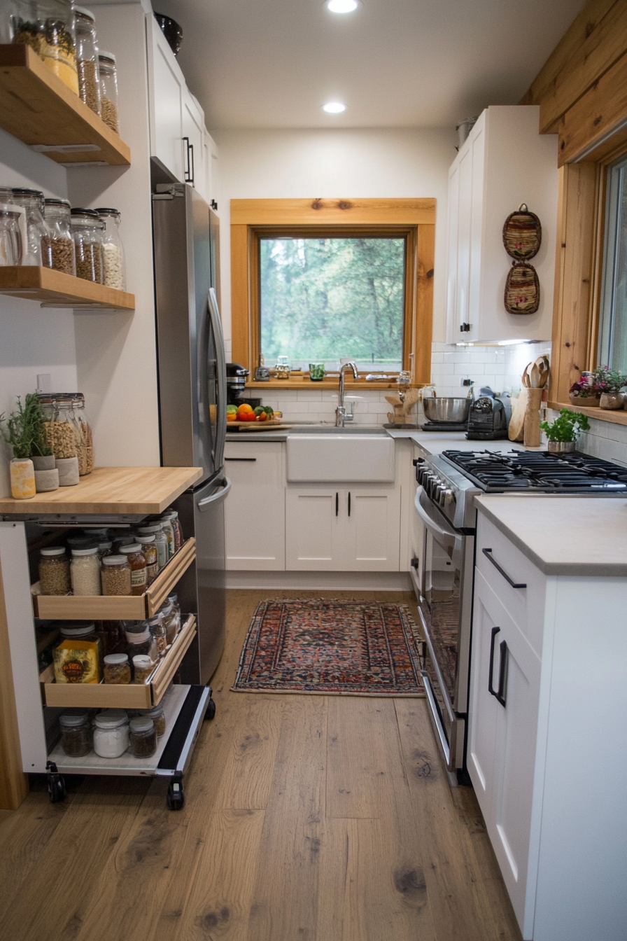 Small kitchen with galley layout and foldable countertop