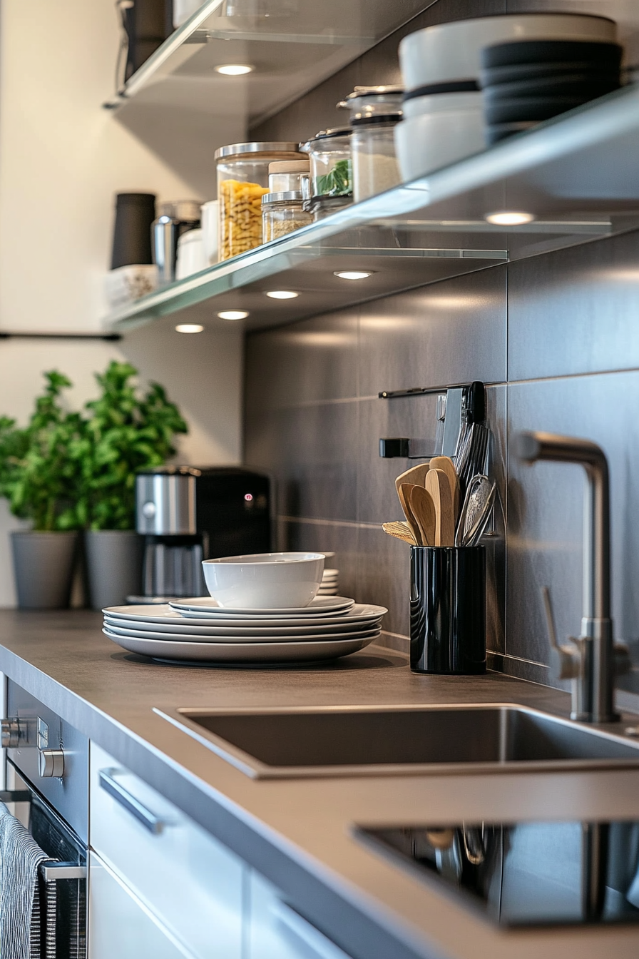Minimalist small kitchen with stainless steel and curated decor