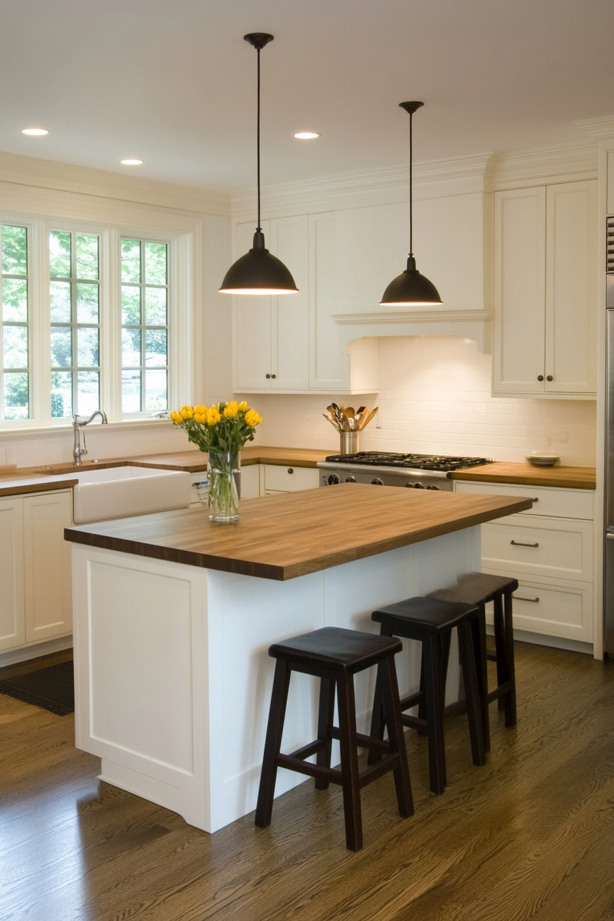 Kitchen island in small modern space with butcher block top
