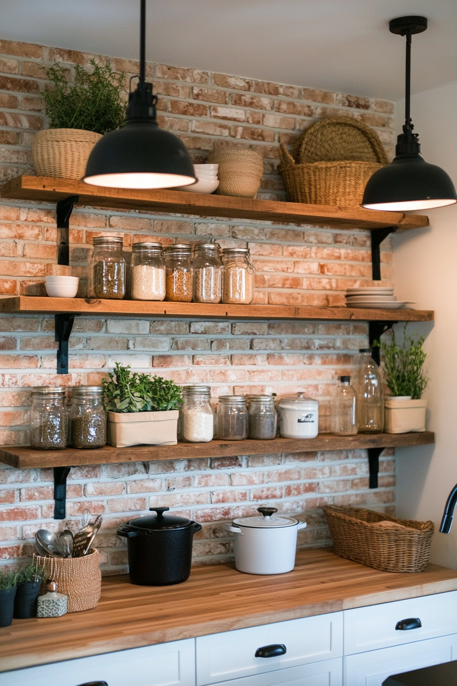 Rustic small kitchen with reclaimed wood and brick backsplash