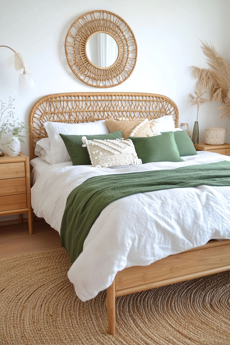 Natural wood furniture with sage accents