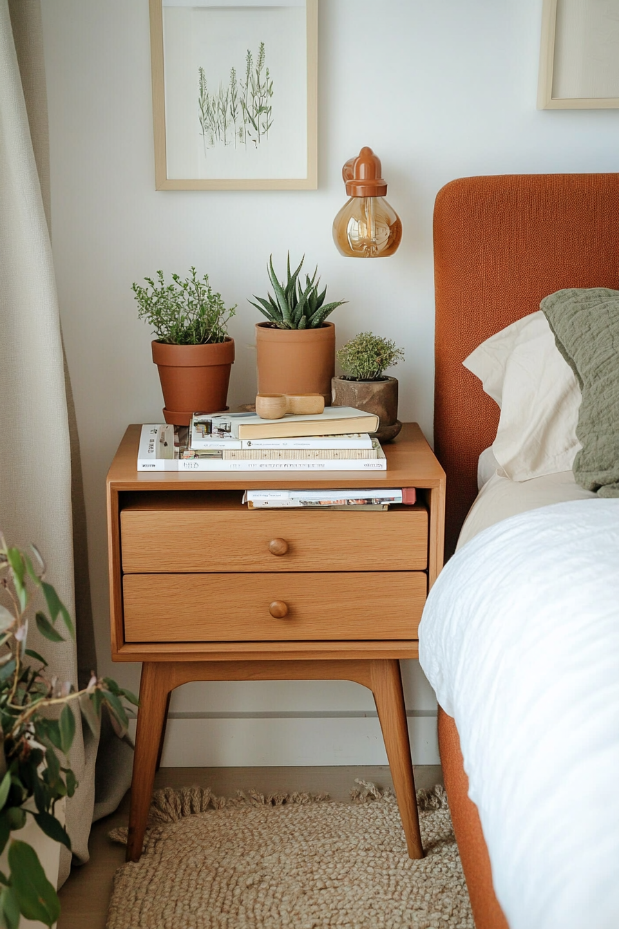 Clay-toned bedside table with plants