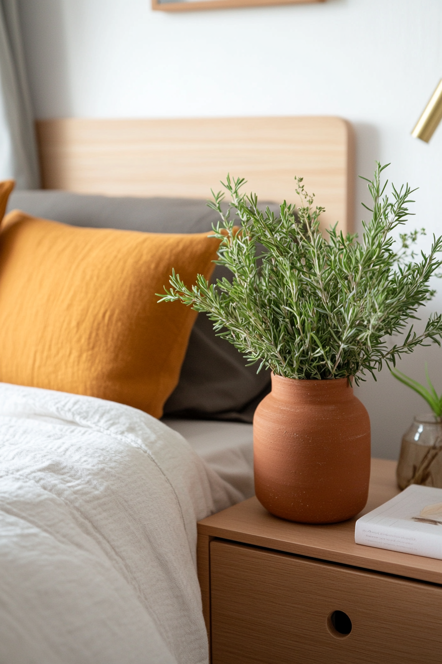 Terracotta clay vase with fresh herbs