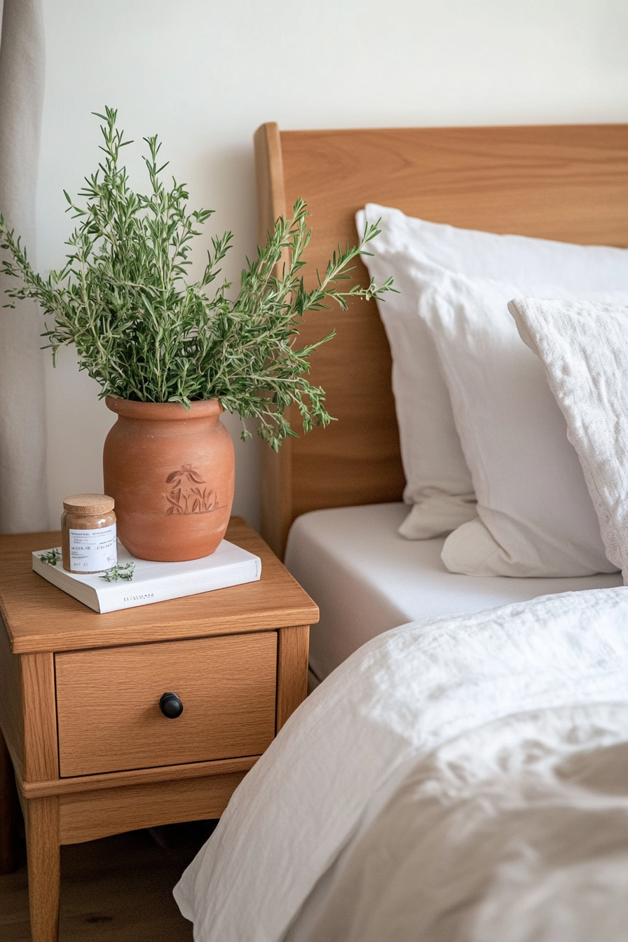 Terracotta clay vase with fresh herbs