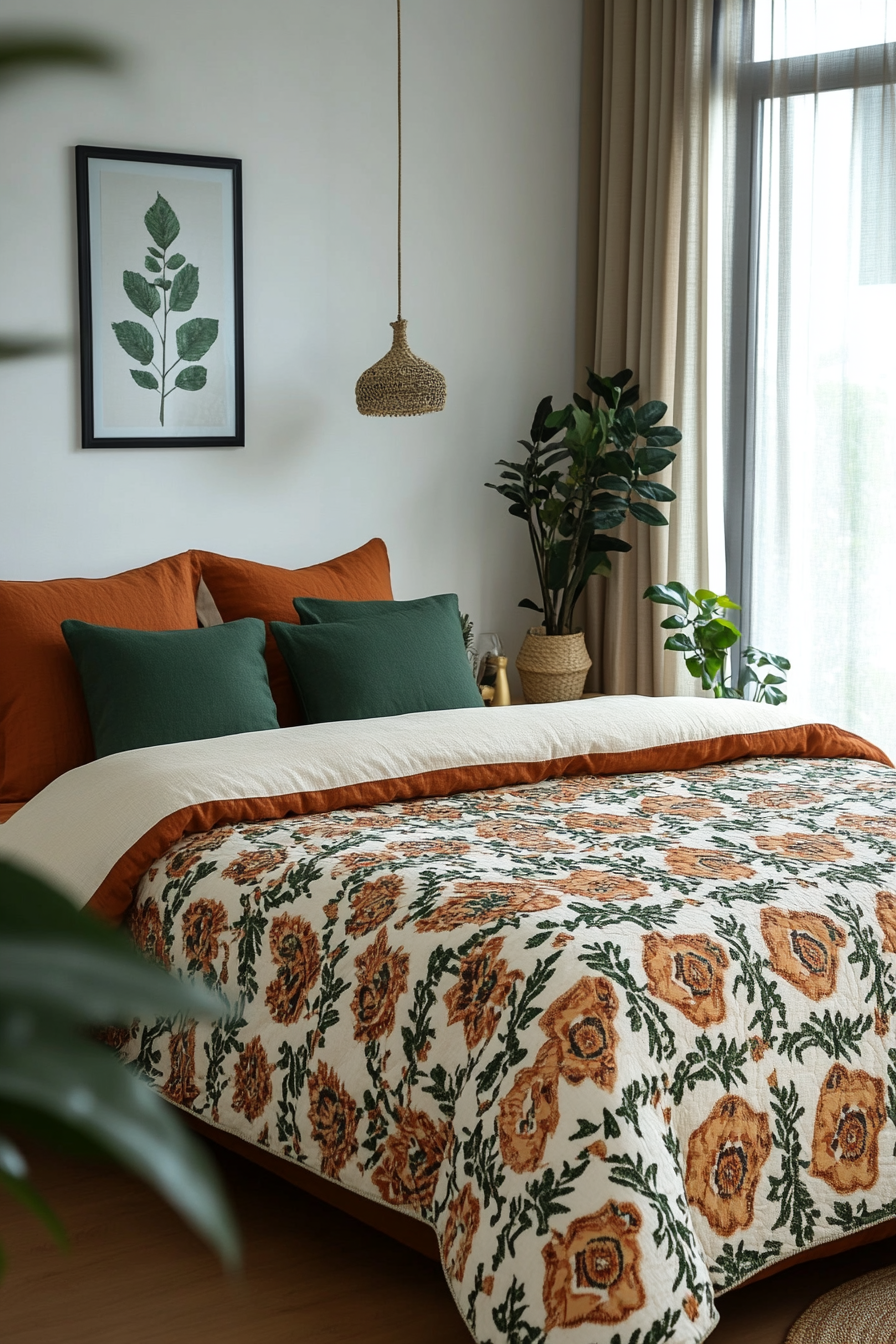 Clay-colored bedspread with subtle pattern