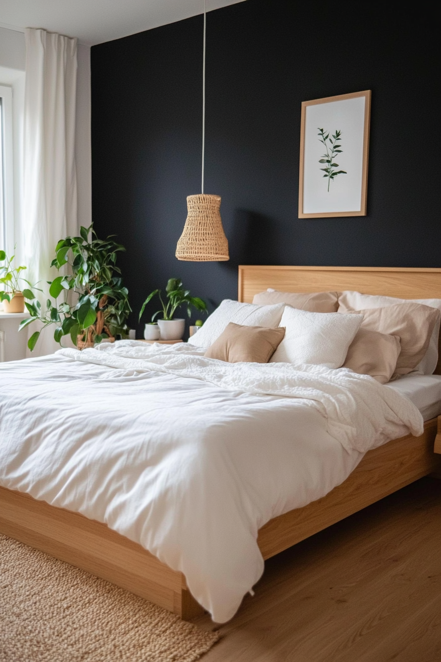 Scandinavian black bedroom with crisp white trim
