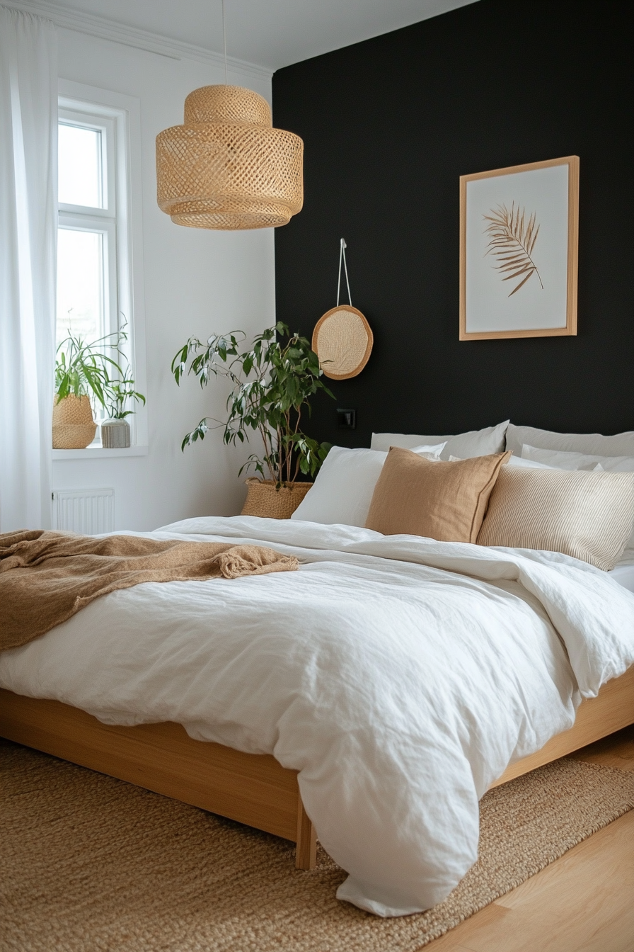 Minimalist Scandinavian bedroom with black and white contrast