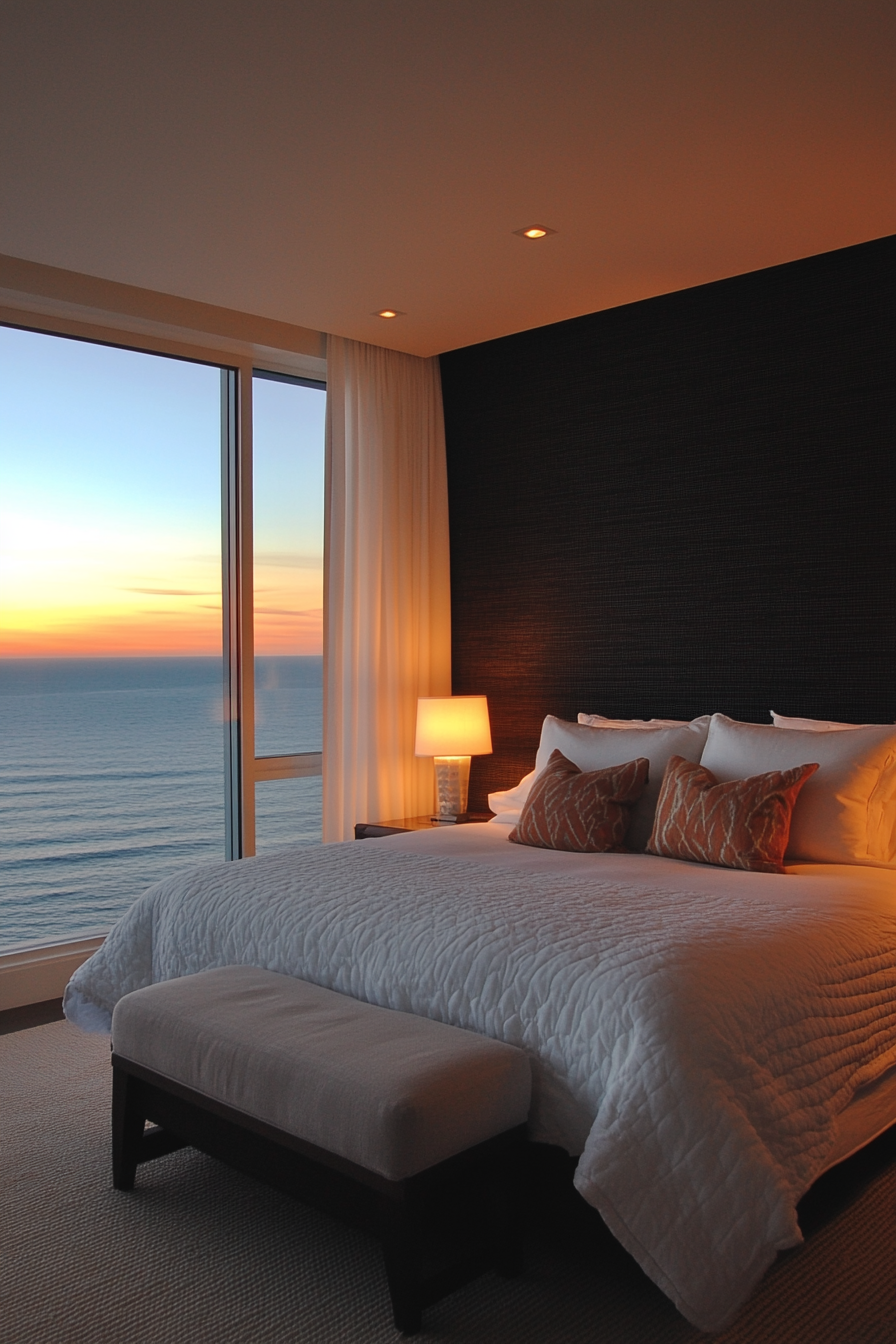 Sophisticated bedroom with textured black wallpaper and soft lighting