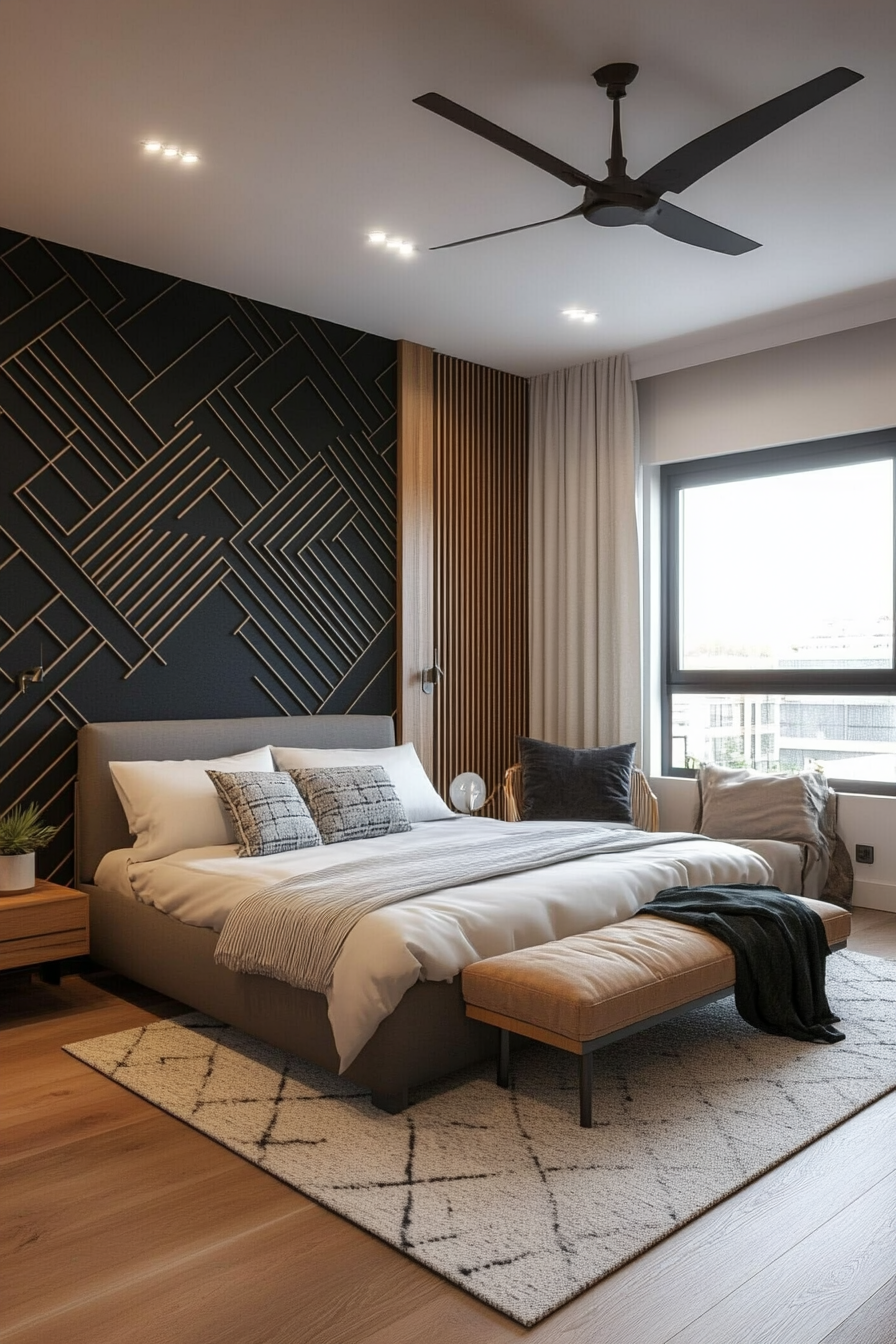 Modern bedroom with black geometric decor elements