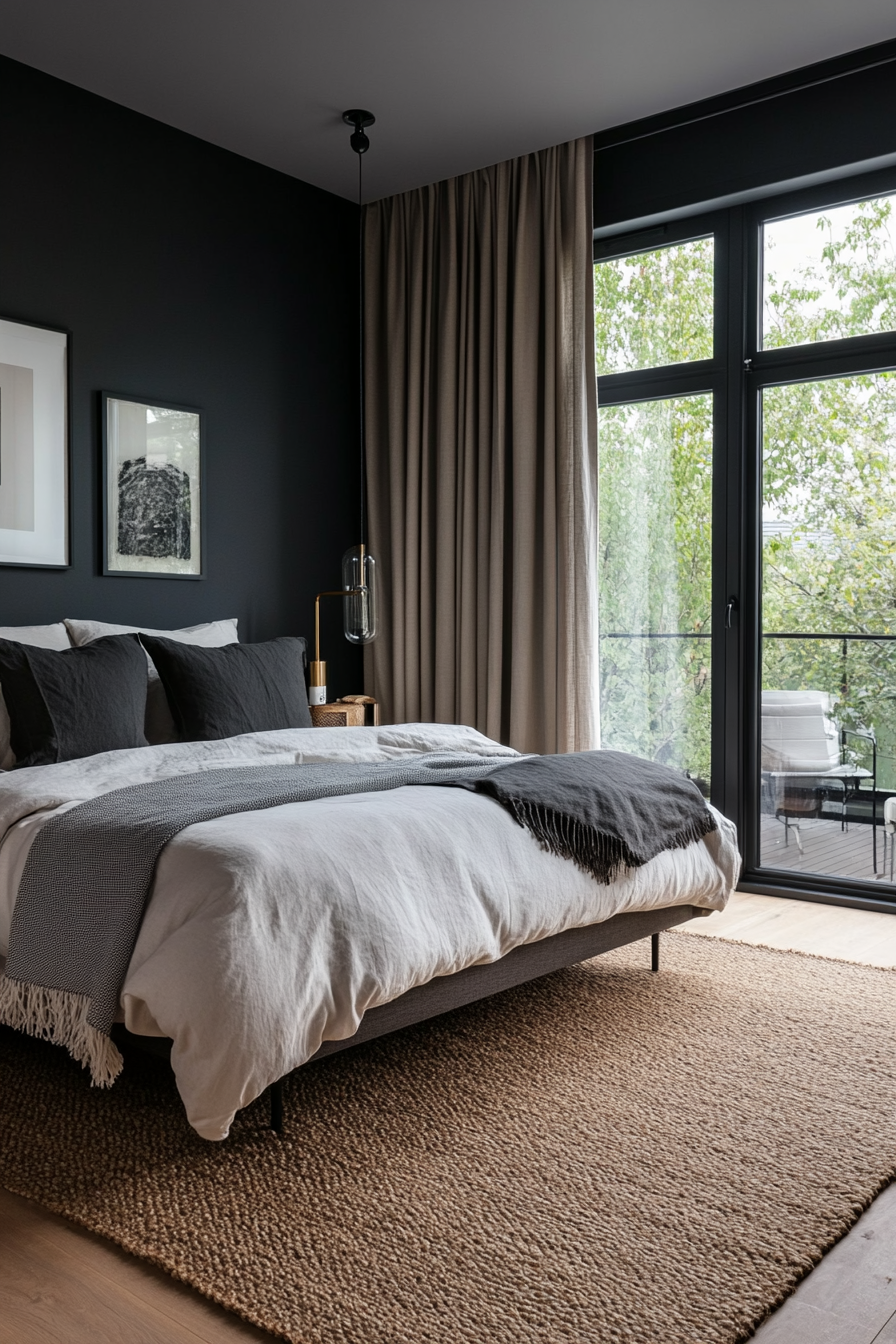 Monochromatic black bedroom with gray undertones and layered textures