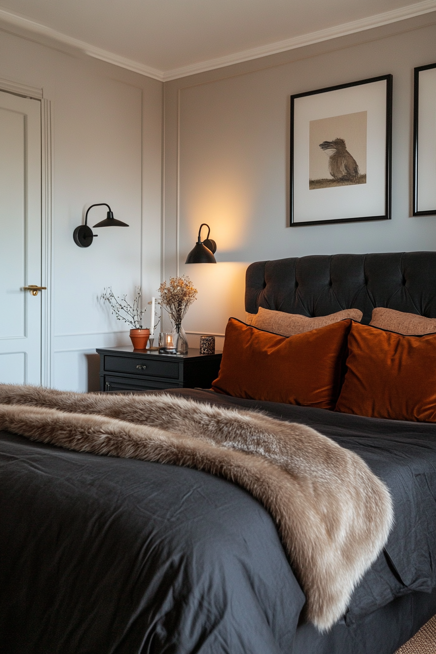 Plush soft furnishings complementing a moody charcoal wall in a bedroom