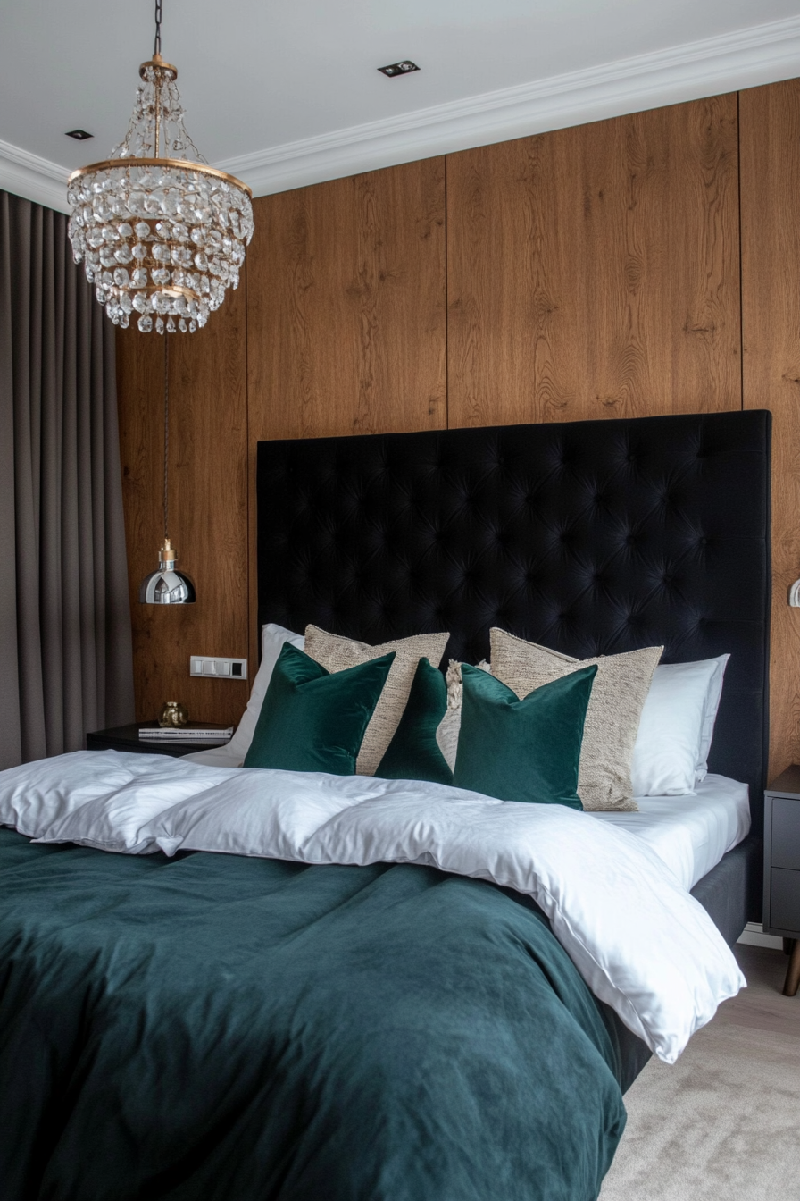 Luxurious black velvet headboard in a dramatic bedroom setting