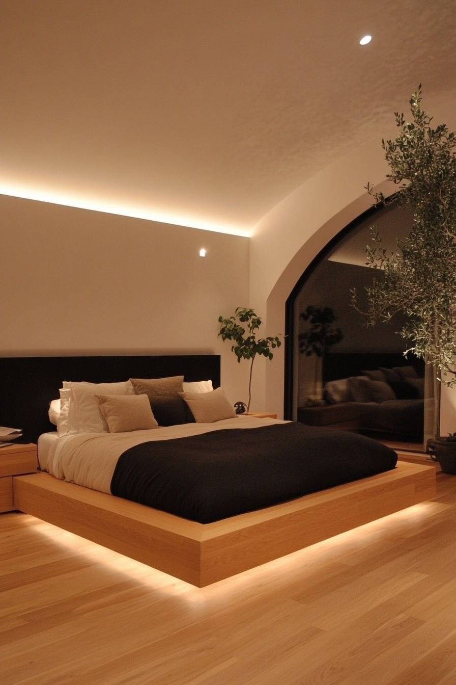 Softly lit bedroom with matte black furniture and warm decor elements