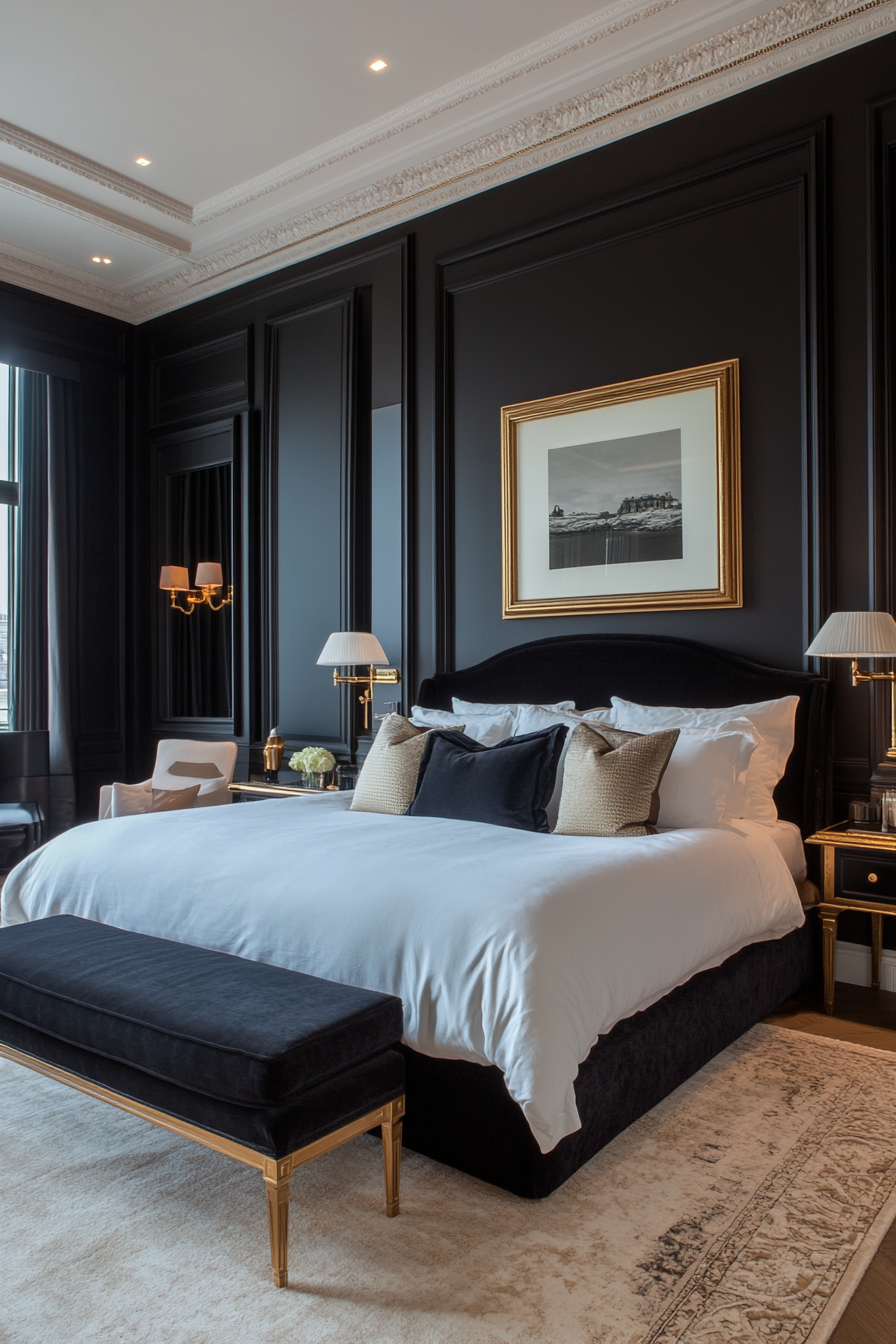 Gilded black and gold bedroom with velvet textures