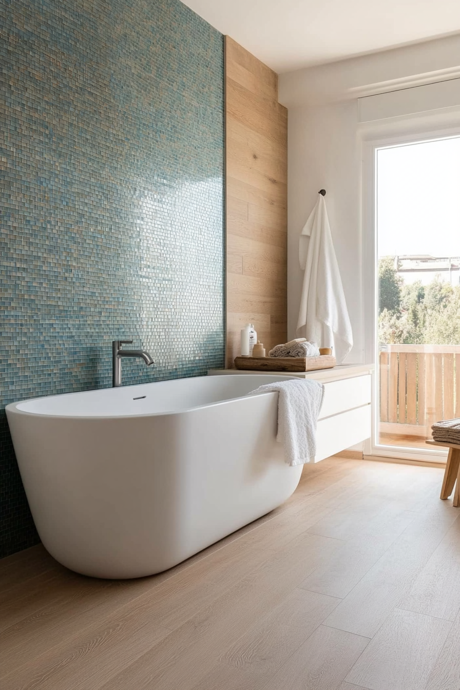 Sea glass mosaic tile accent wall for a beachy vibe