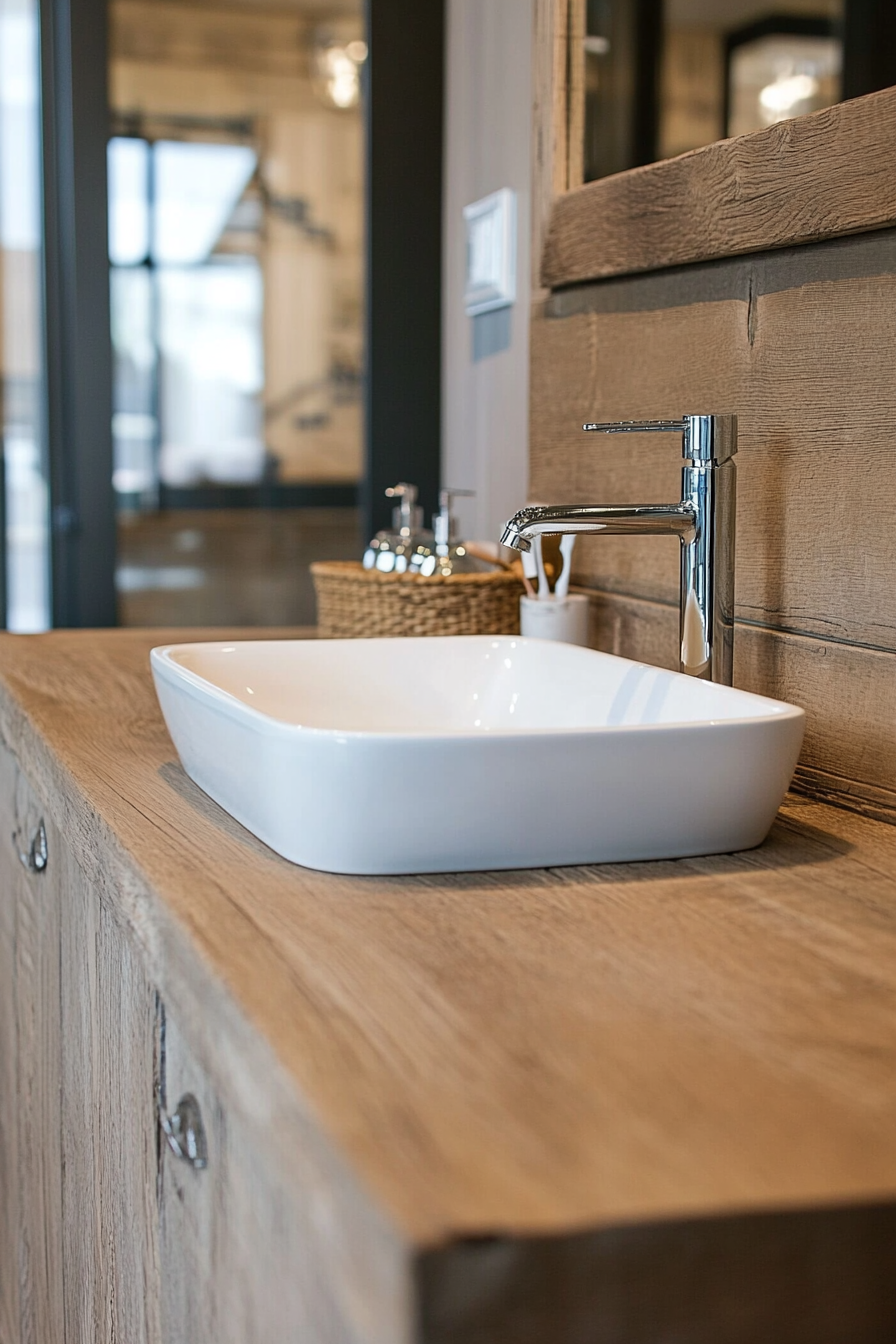 Weathered wood bathroom vanity for rustic coastal charm