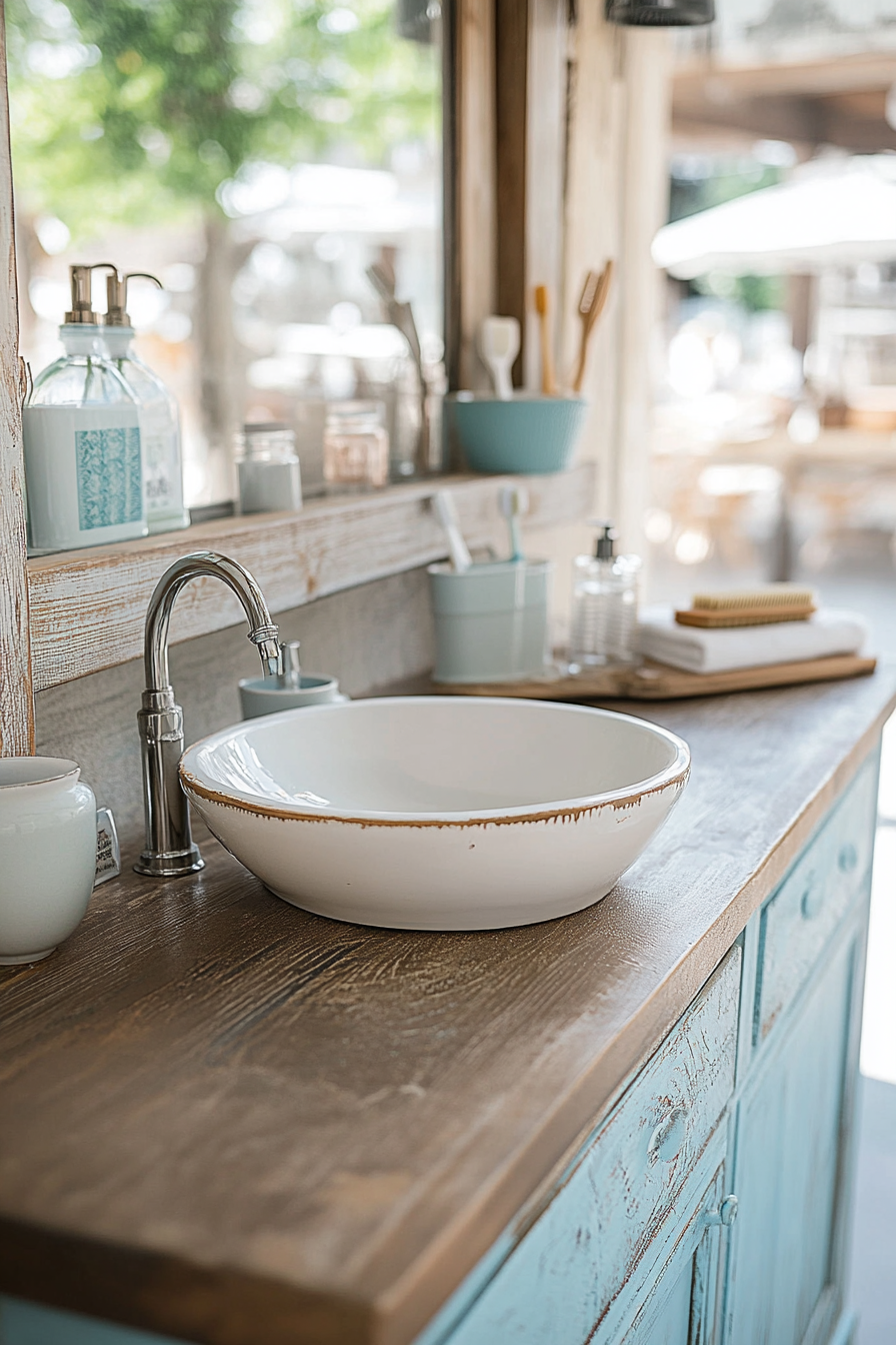 DIY weathered wood vanity for coastal bathrooms
