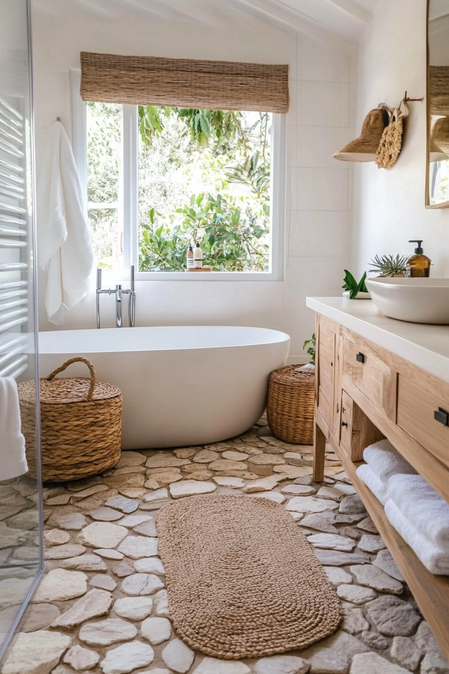 Bathroom floor tiles mimicking beach stones