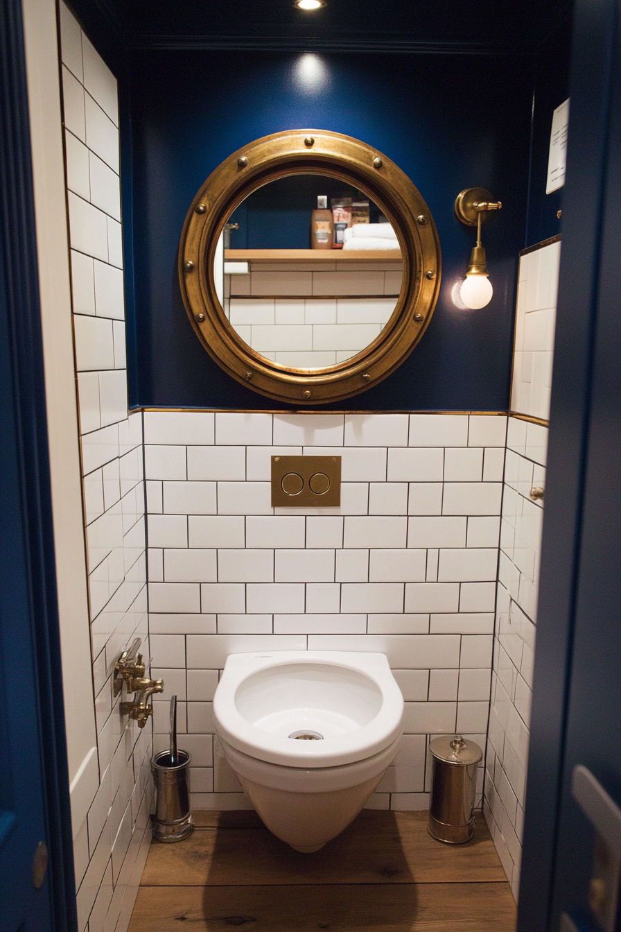 Porthole-style mirror for nautical bathroom design