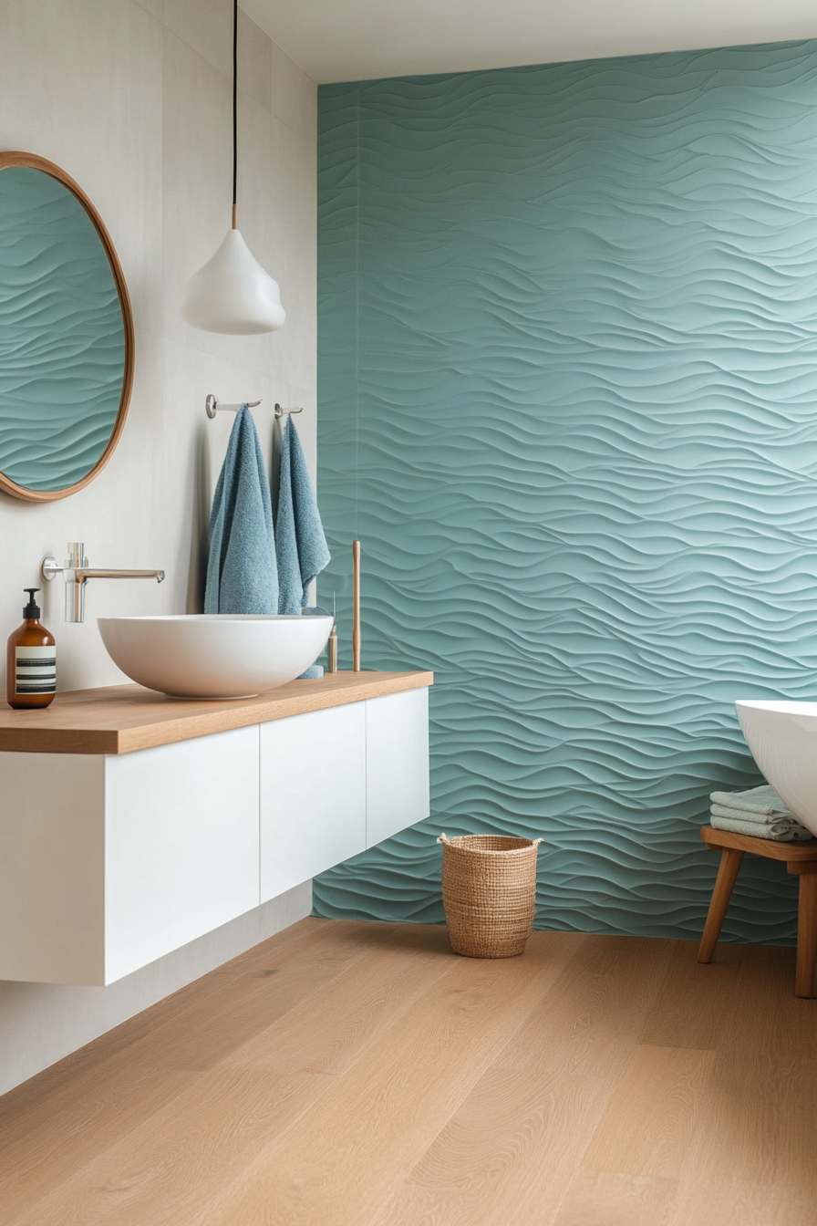 Wave-patterned wallpaper for a coastal bathroom