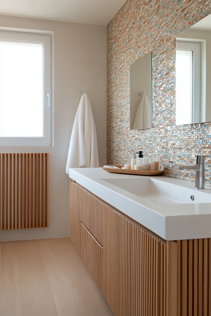 DIY sea glass tile backsplash idea for coastal bathrooms