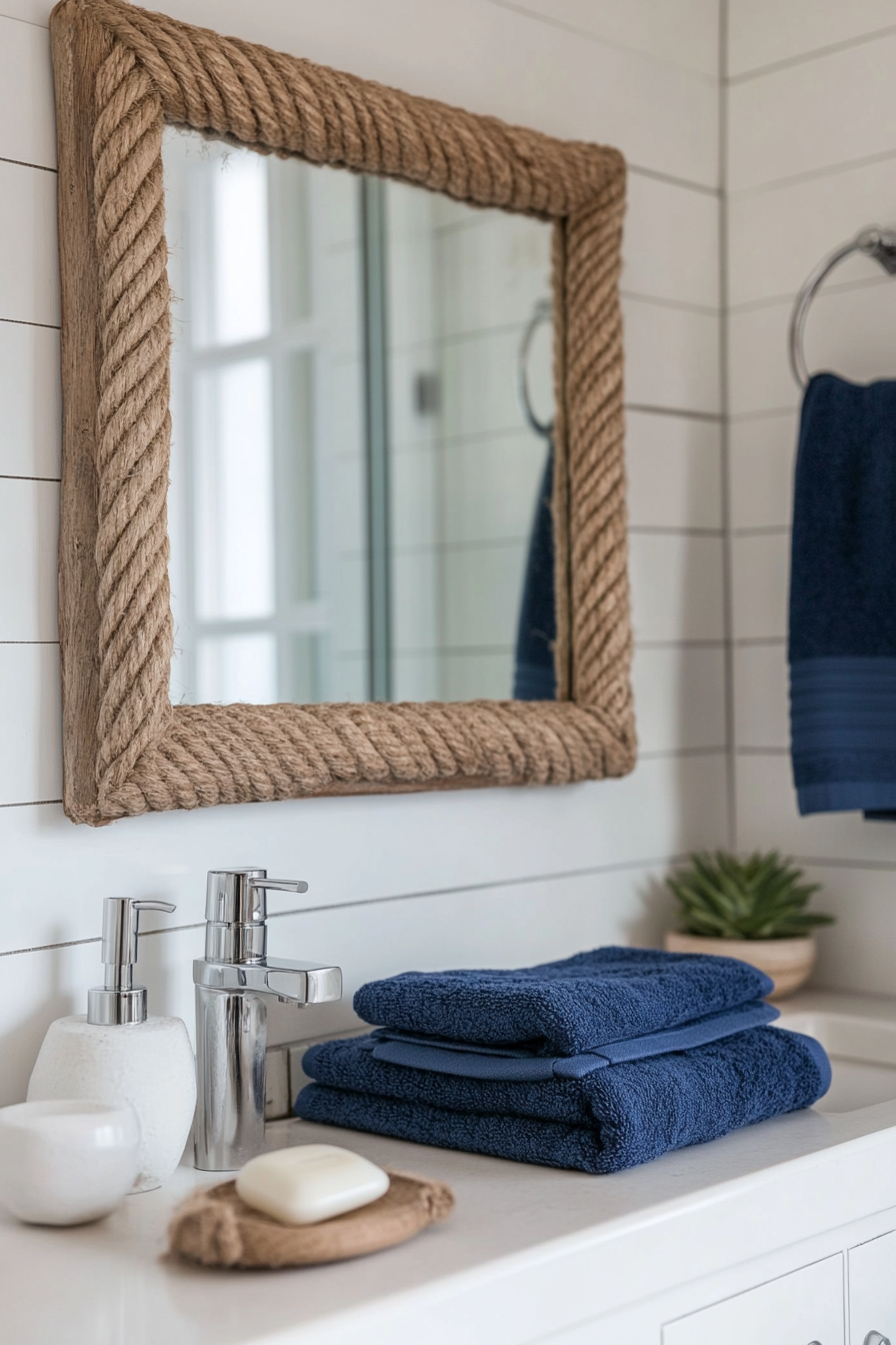 Driftwood mirror with a nautical rope frame