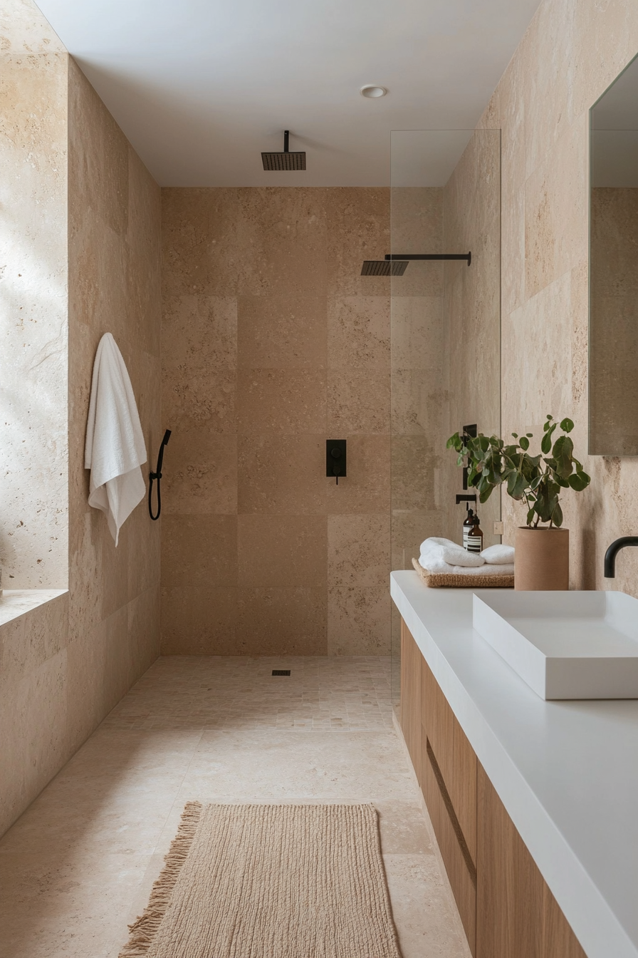 Sand-colored textured shower tiles for a beach-inspired design