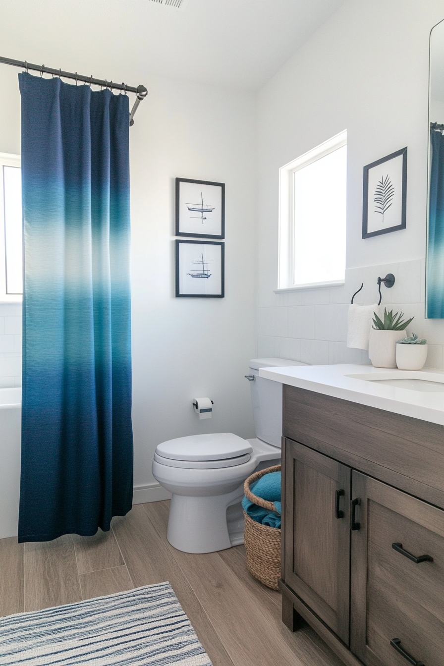 Blue ombré shower curtain mimicking ocean waves