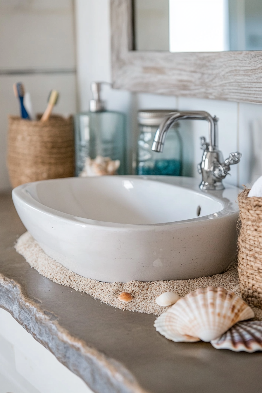 Vanity countertop decorated with seashells