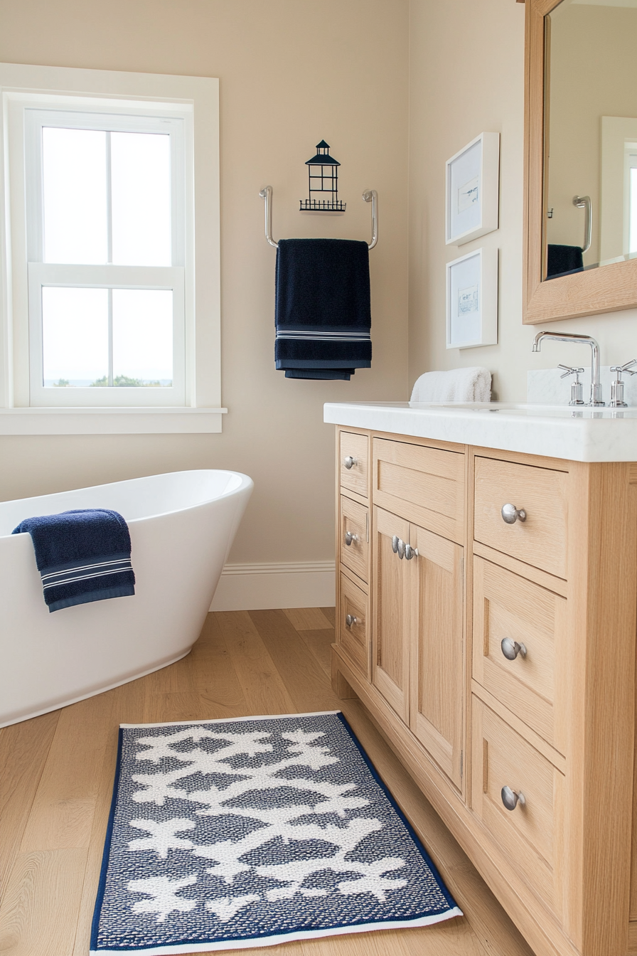 Lighthouse-themed towel rack for coastal bathrooms
