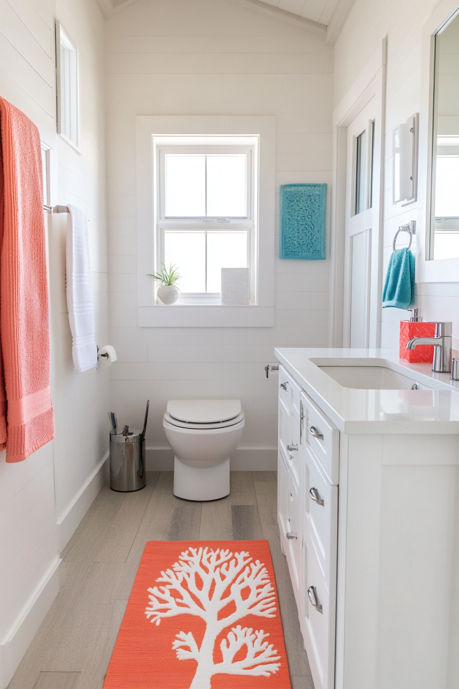 Coral and aqua bathroom accessories for a fresh coastal feel