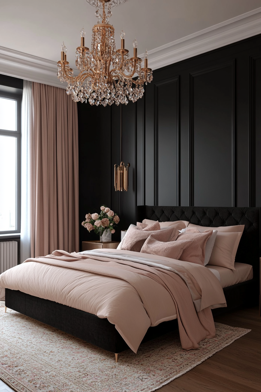 Velvet black walls with blush pink accents for a luxurious contrast