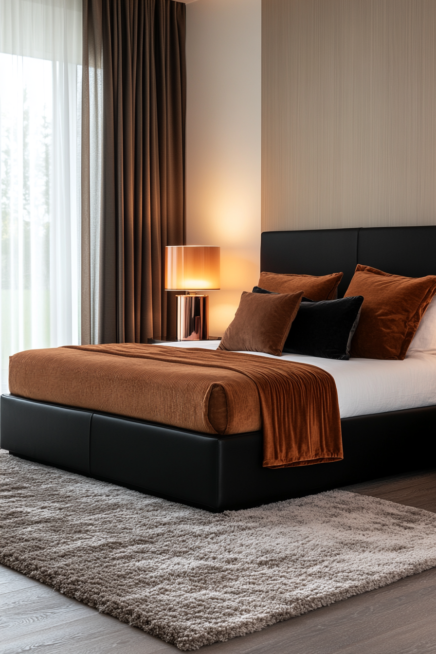 Black leather accents paired with soft textures for an edgy yet feminine bedroom