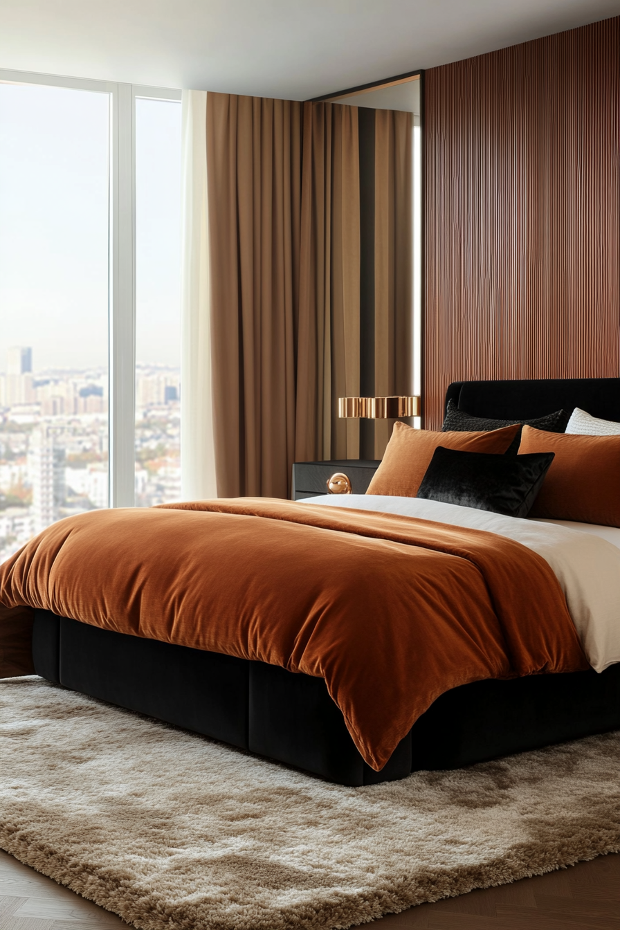 Edgy bedroom with black leather and soft textures