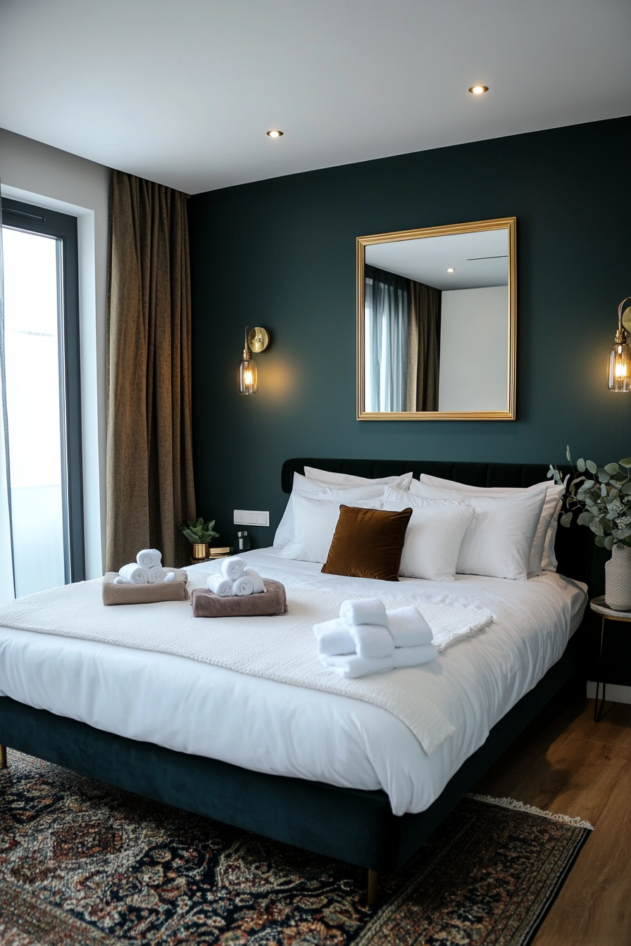 Deep teal walls with brass accents for a sultry and sophisticated bedroom
