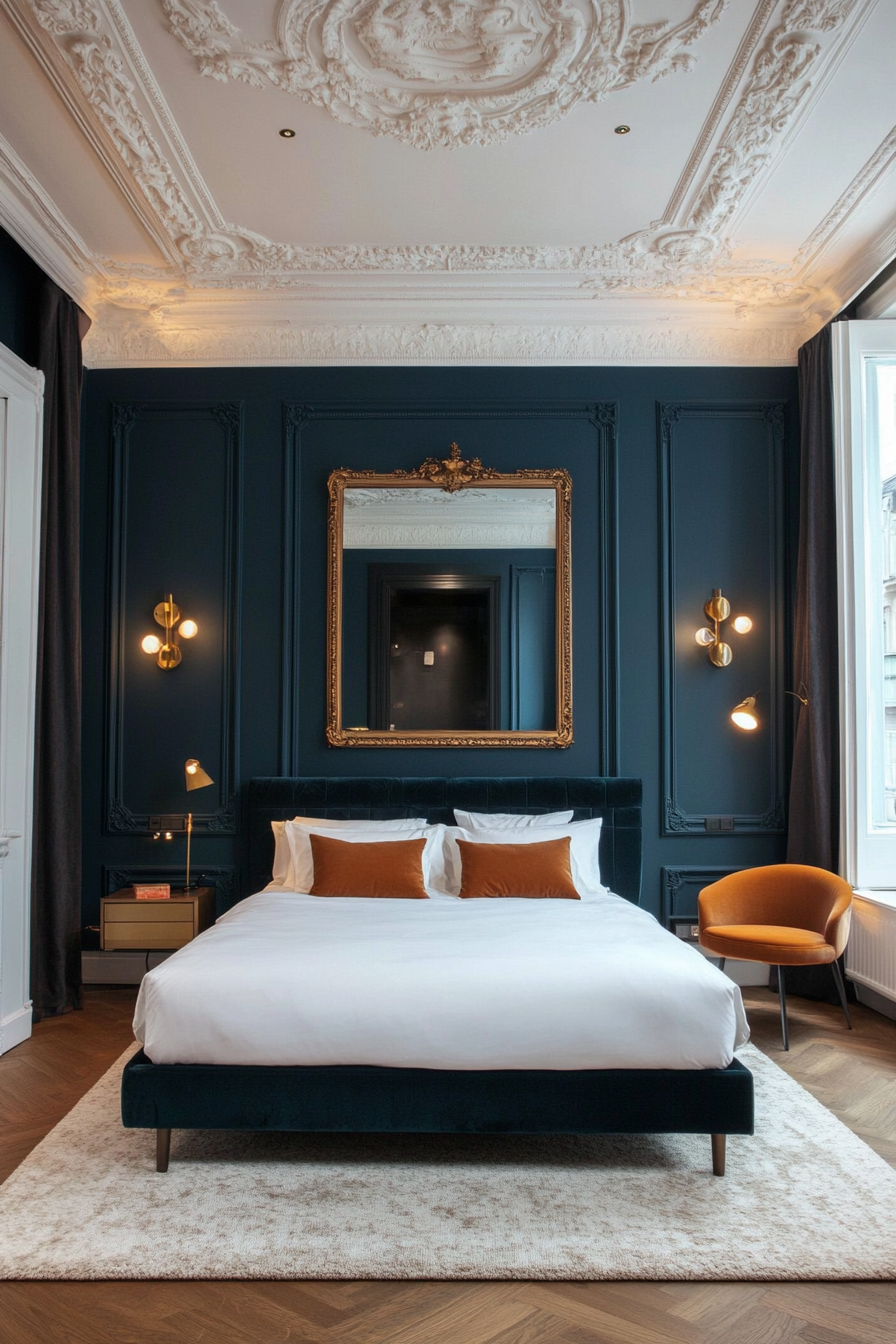 Bedroom with deep teal walls and brass decor