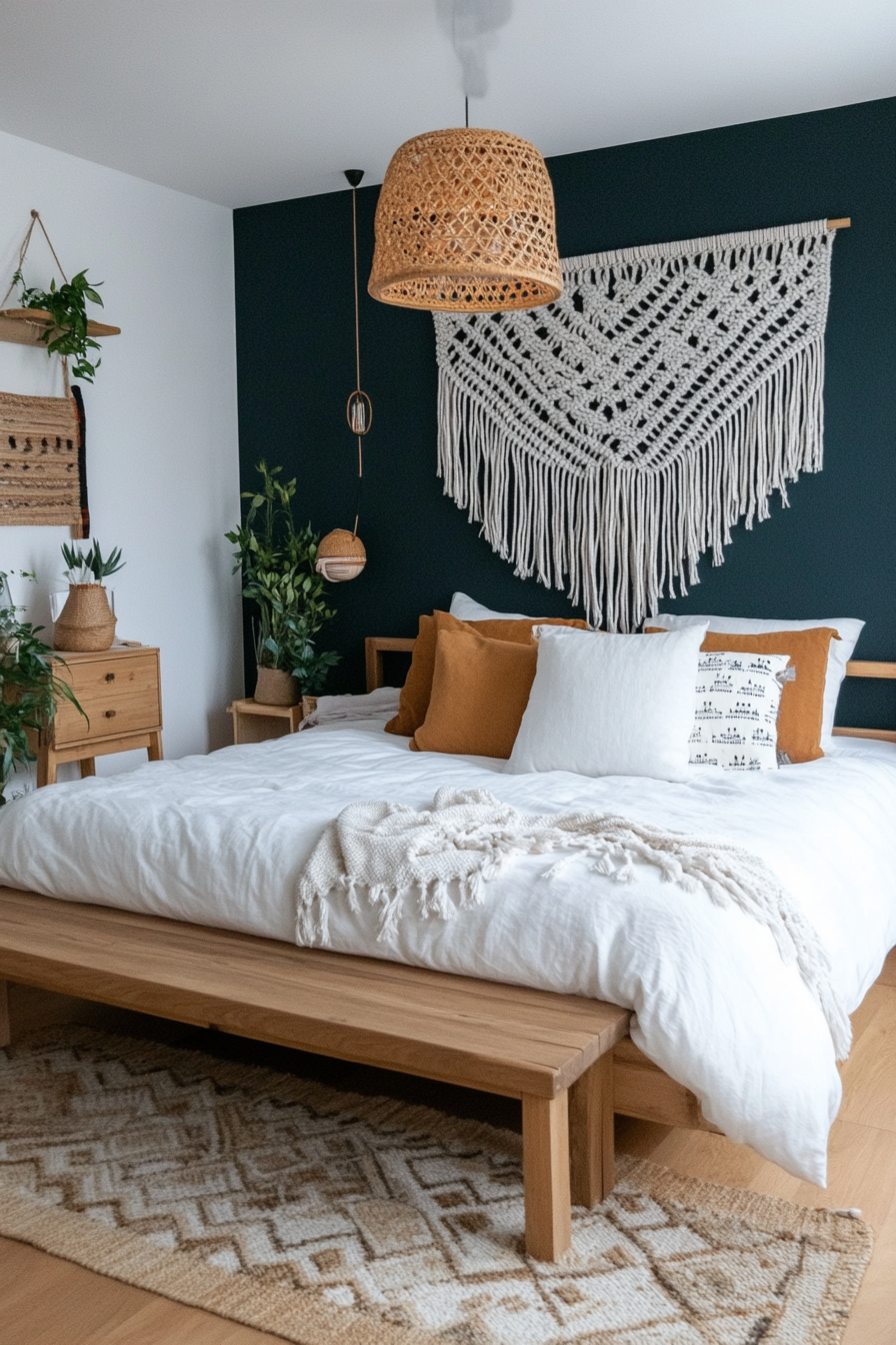 Bohemian bedroom with black macramé and rich textures for a moody vibe
