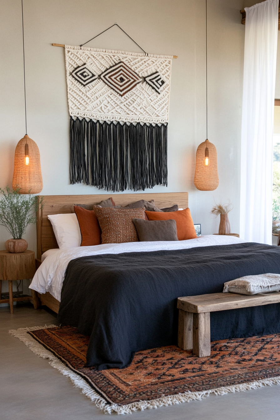 Dark bohemian bedroom with black macramé and earthy textures